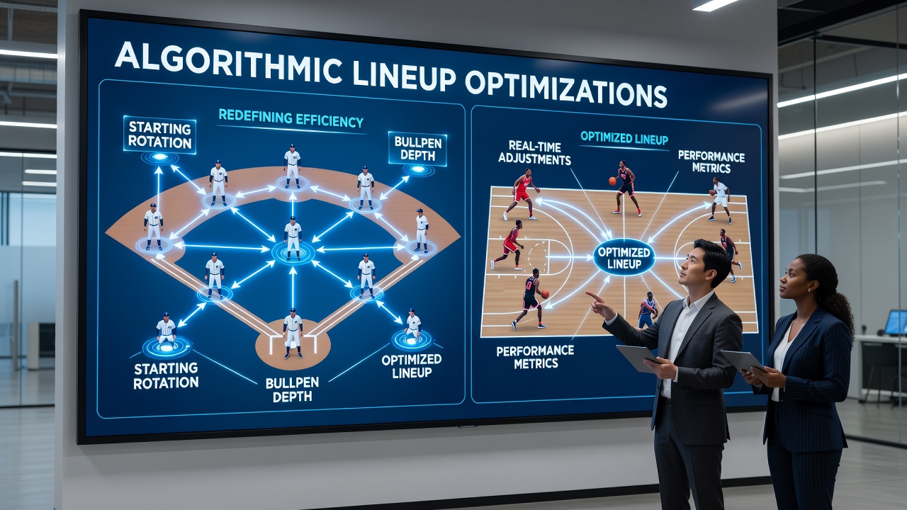 Baseball manager reviewing algorithmic lineup data on a tablet during a game