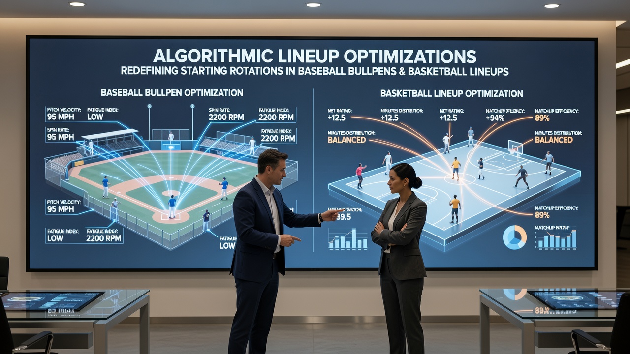 Basketball coach analyzing lineup optimization dashboard during a timeout