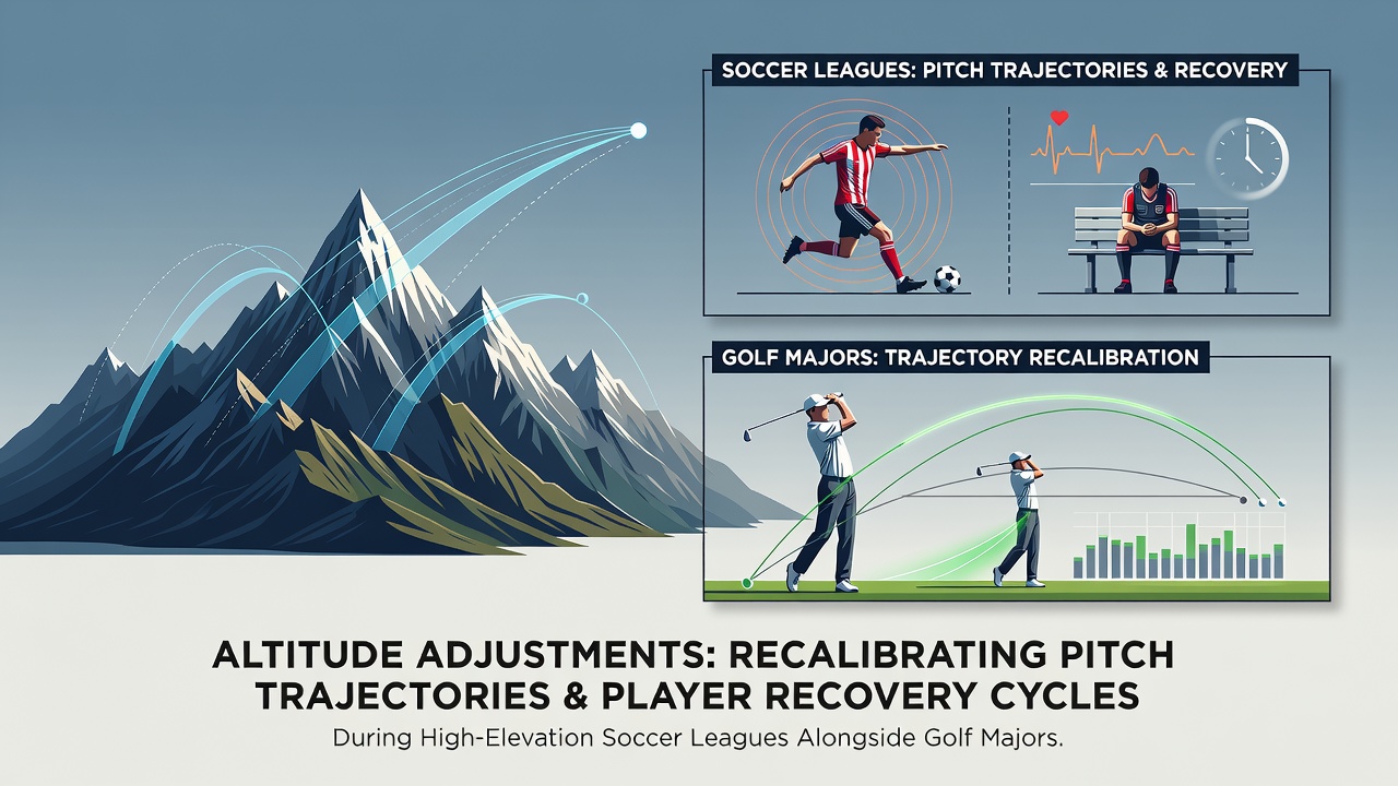 High-elevation soccer pitch at sunset with players adapting to thinner air and altered ball paths