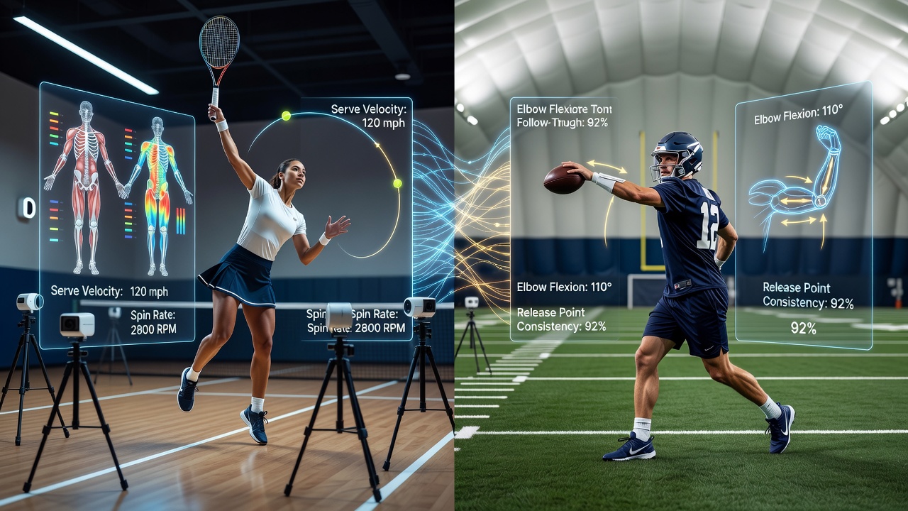 Tennis player using motion capture sensors during serve practice with real-time biomechanical data overlay