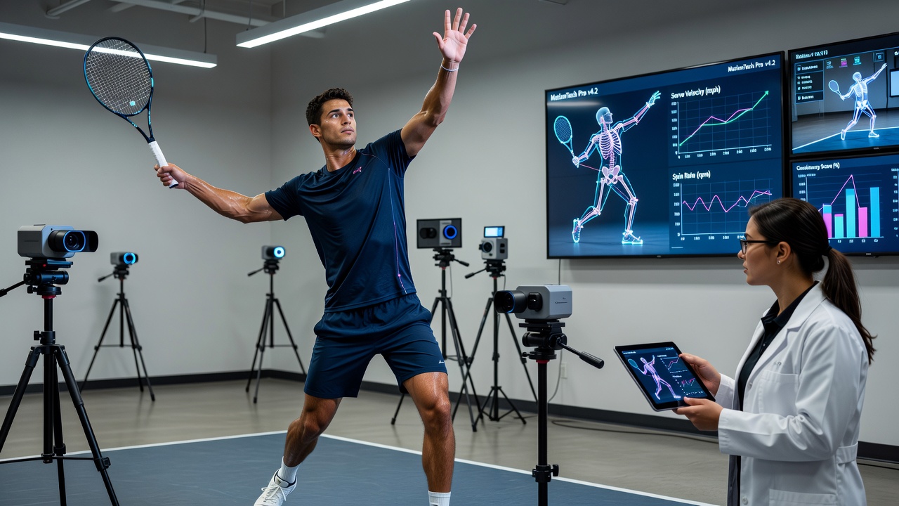 Quarterback in NFL training facility wearing motion capture suit while throwing with biomechanical analysis displayed on nearby screen