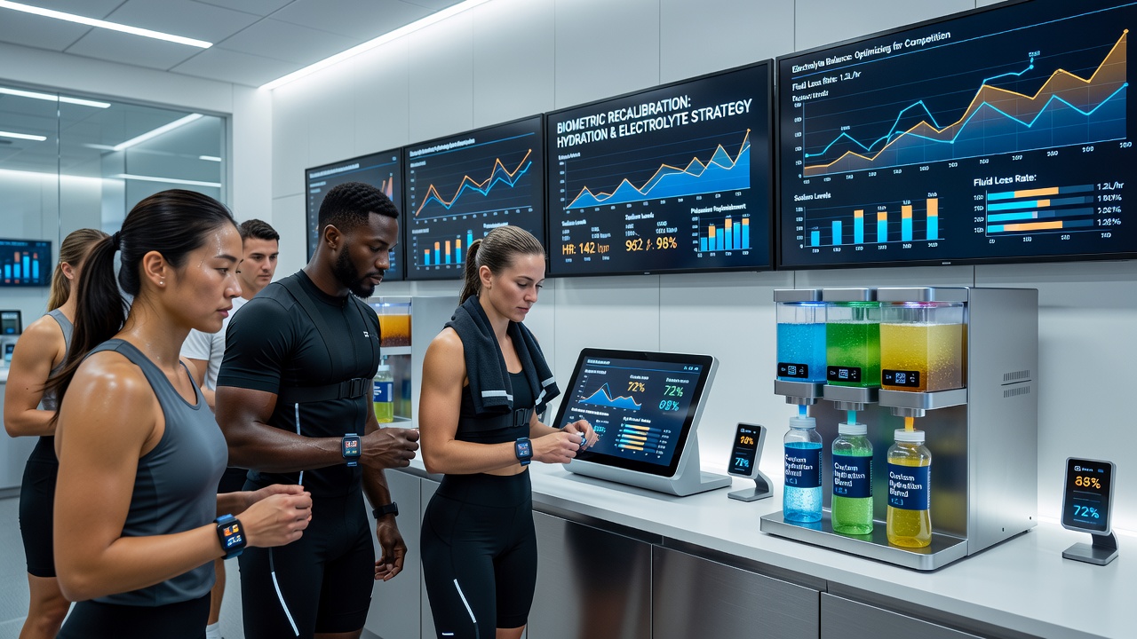 Winter athlete reviewing biometric hydration data on tablet