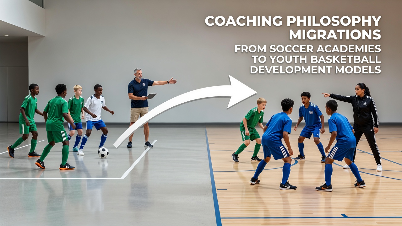 Youth basketball players practicing small-sided drills adapted from soccer academy methods on an outdoor court
