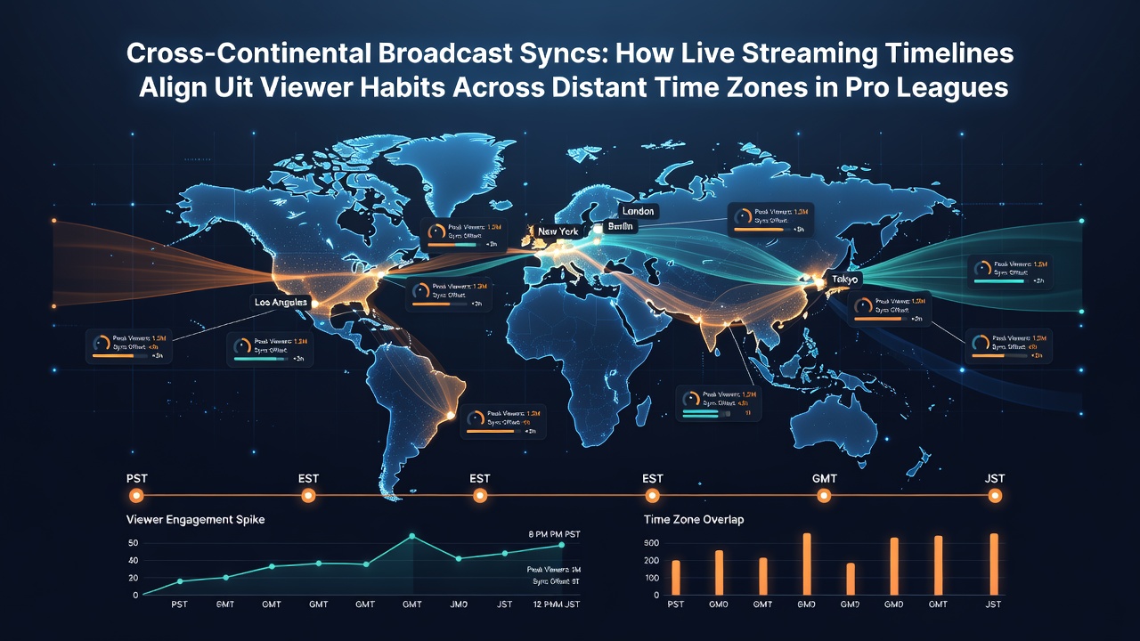 Global sports fans watching live streams on devices across multiple time zones with synchronized broadcast overlays