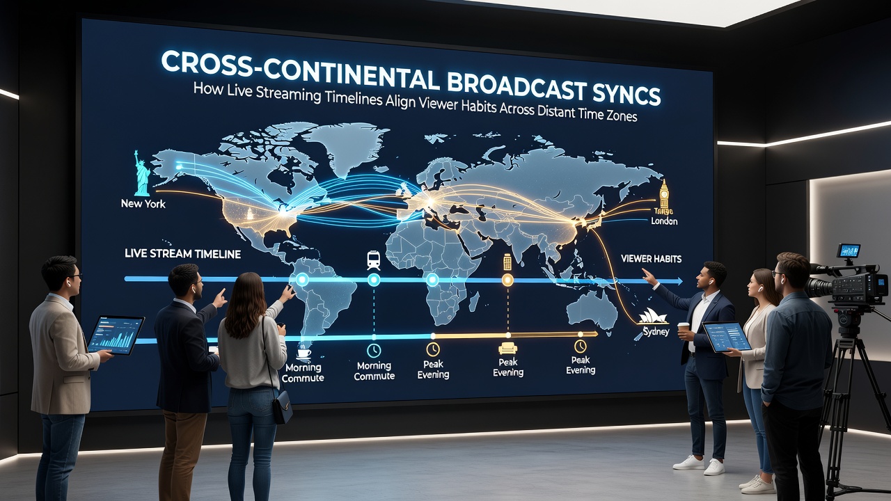 Analytics dashboard displaying synchronized live stream metrics and viewer engagement across global time zones