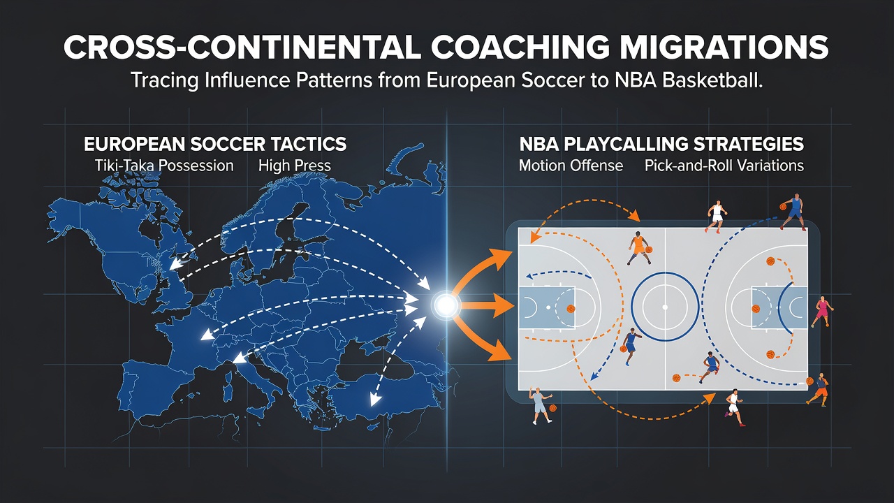 Coaches reviewing tactical diagrams that blend European soccer formations with NBA court spacing during a summer strategy session