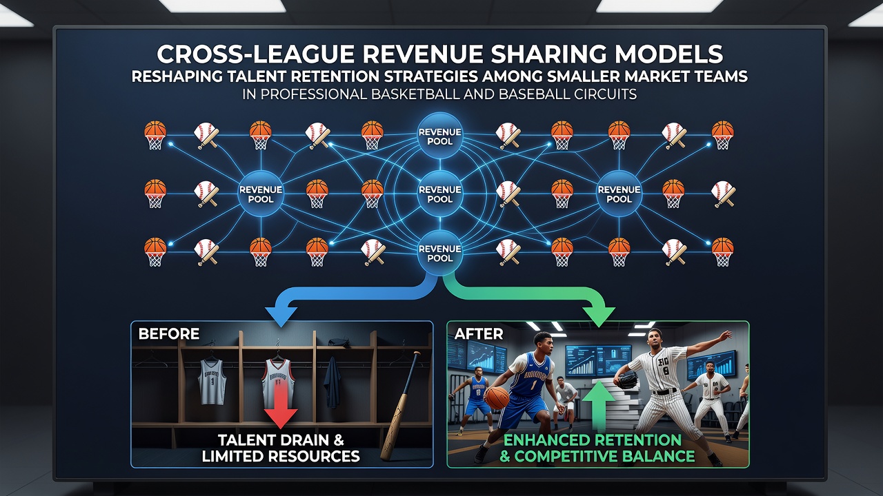 Smaller market basketball and baseball teams discussing revenue sharing strategies in a team facility