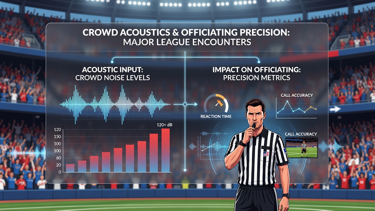 Officials reviewing play under bright stadium lights while crowd noise levels remain elevated in the background