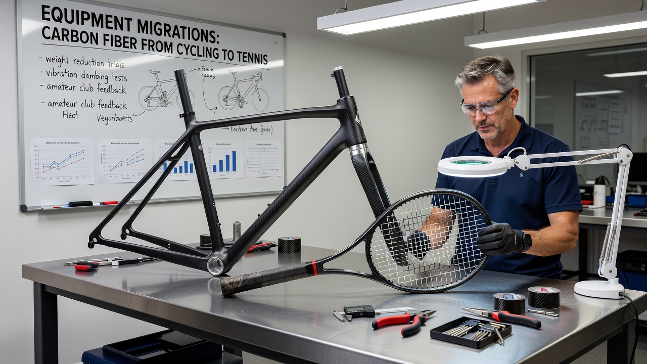 Side-by-side comparison of carbon fiber tennis racket and youth baseball bat with embedded fiber layers visible