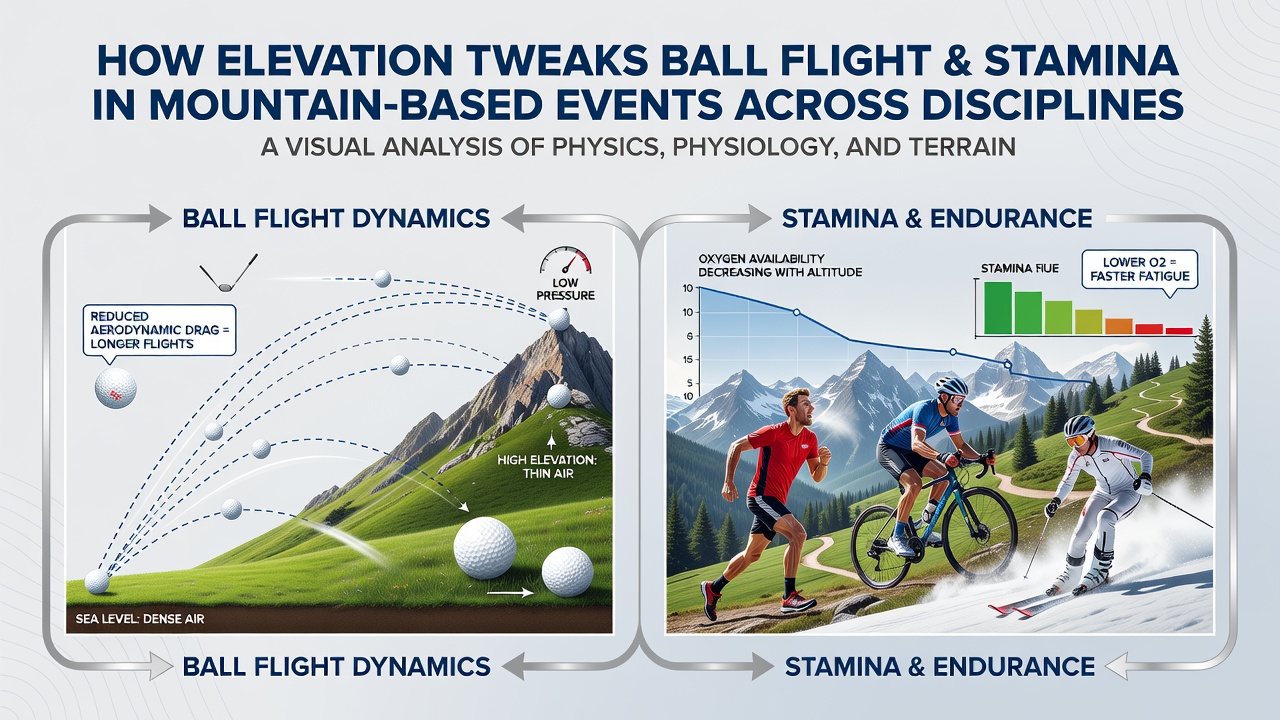 Athletes competing at high elevation with mountain backdrop showing altered ball trajectories in soccer and baseball