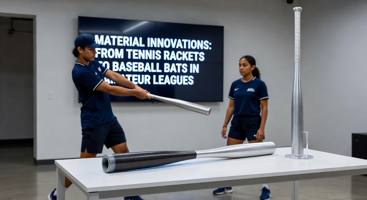 Tennis racket frames showcasing advanced composite materials alongside early baseball bat prototypes in amateur league testing facilities