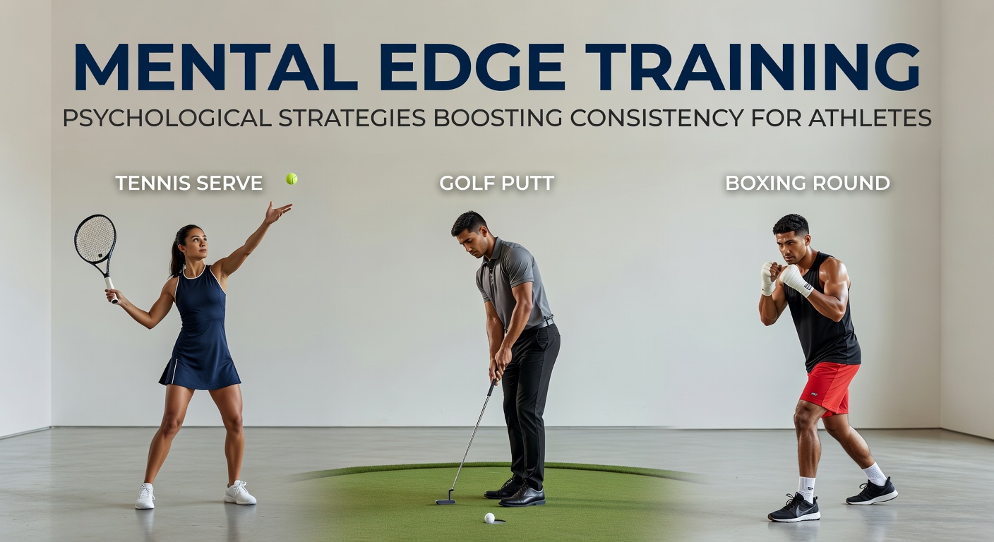 Athletes practicing mental visualization techniques during training sessions for tennis serves, golf putts, and boxing rounds