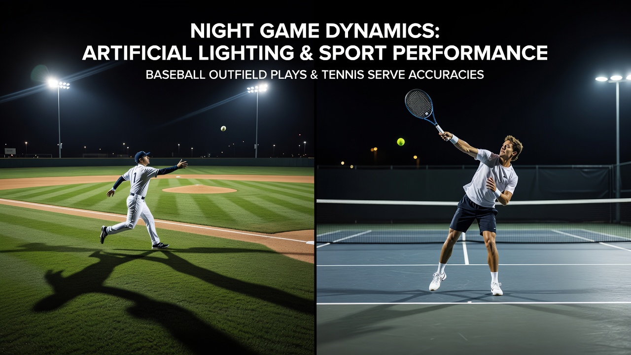 Baseball outfielders tracking fly balls under stadium lights during a night game, with bright artificial illumination casting long shadows across the field
