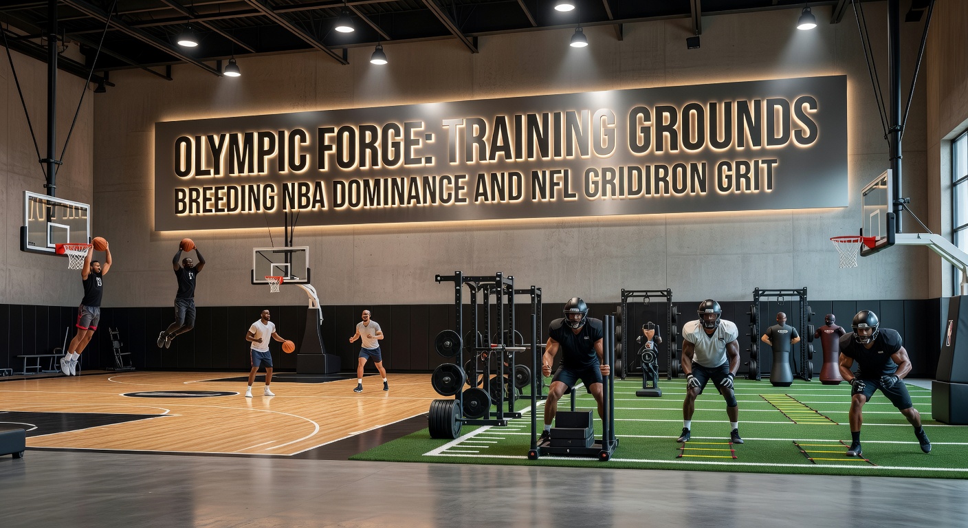 Aerial view of Olympic Forge training facility with athletes running drills under Colorado mountains