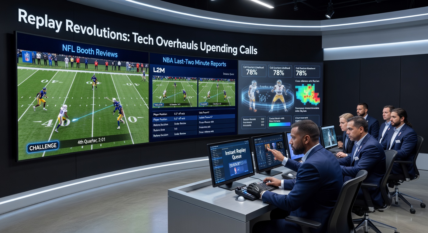 A soccer referee consulting VAR monitors on the sideline, with players watching tensely as the decision unfolds