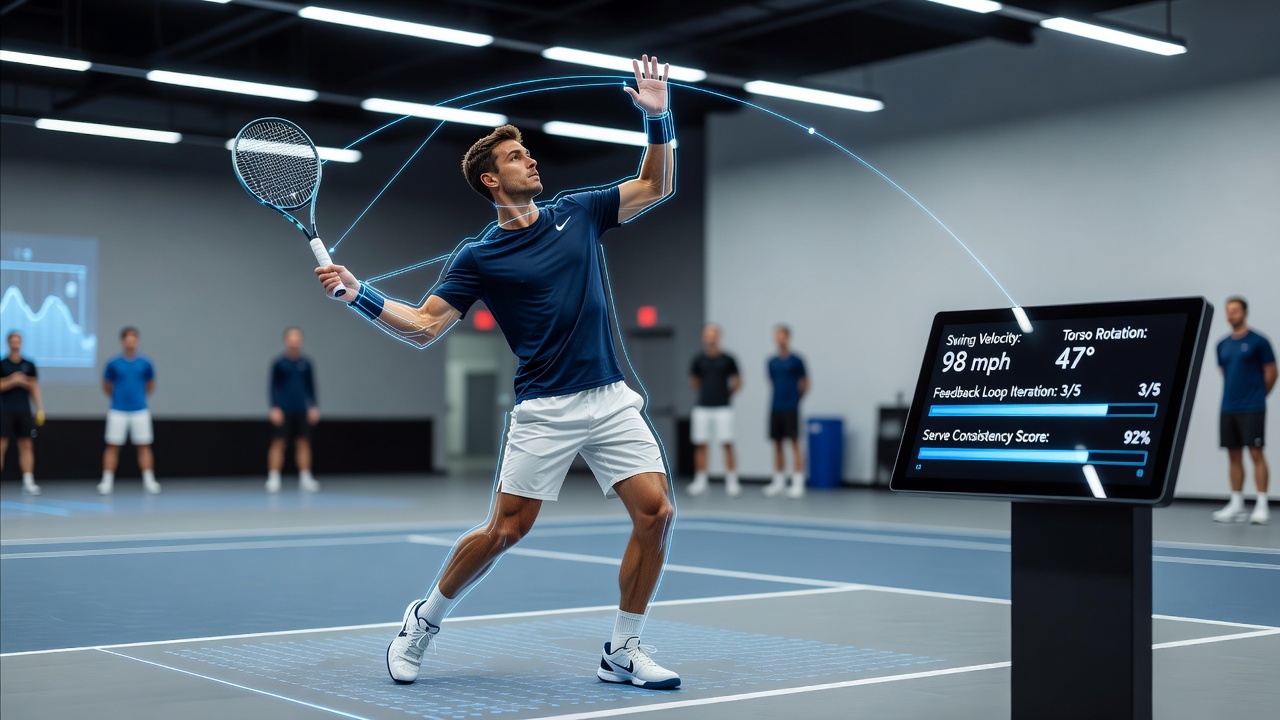 Athletes reviewing fused sensor data on serve mechanics during an Olympic training session