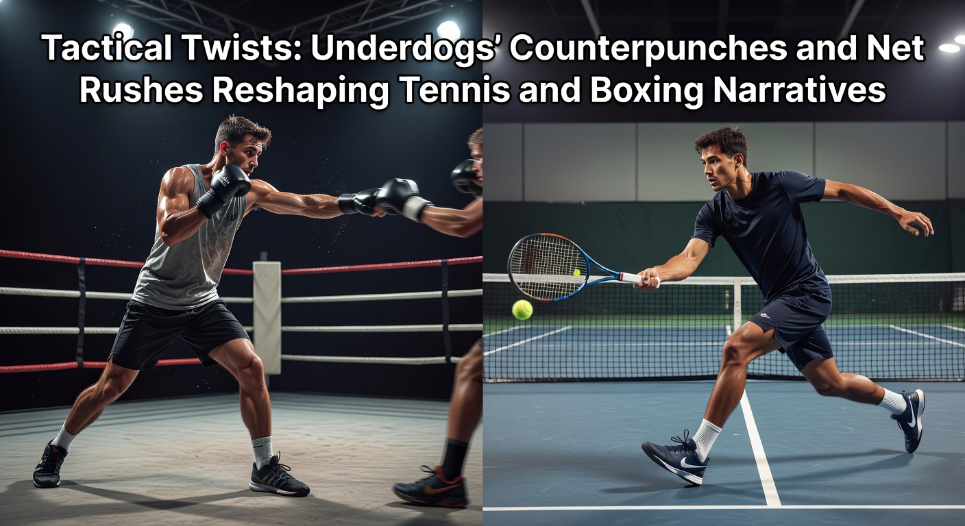 A tennis player charging the net with aggressive volley, mid-match against a baseline powerhouse, capturing the essence of underdog net rushes