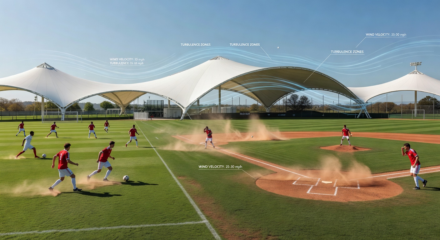 Wind patterns swirling through an open-air baseball stadium during a game, showing flags and player positioning adjustments