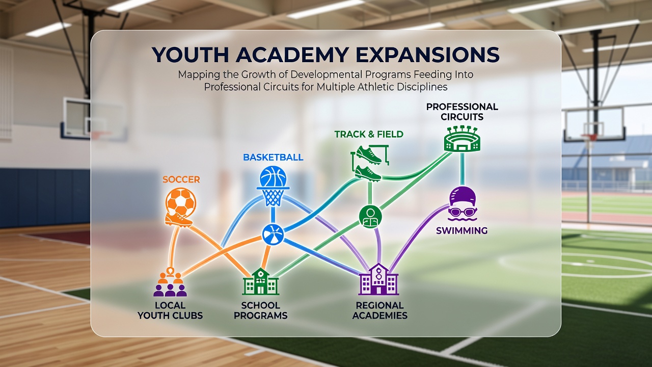 Youth athletes training at a modern multi-sport academy facility with coaches overseeing drills across soccer fields and basketball courts